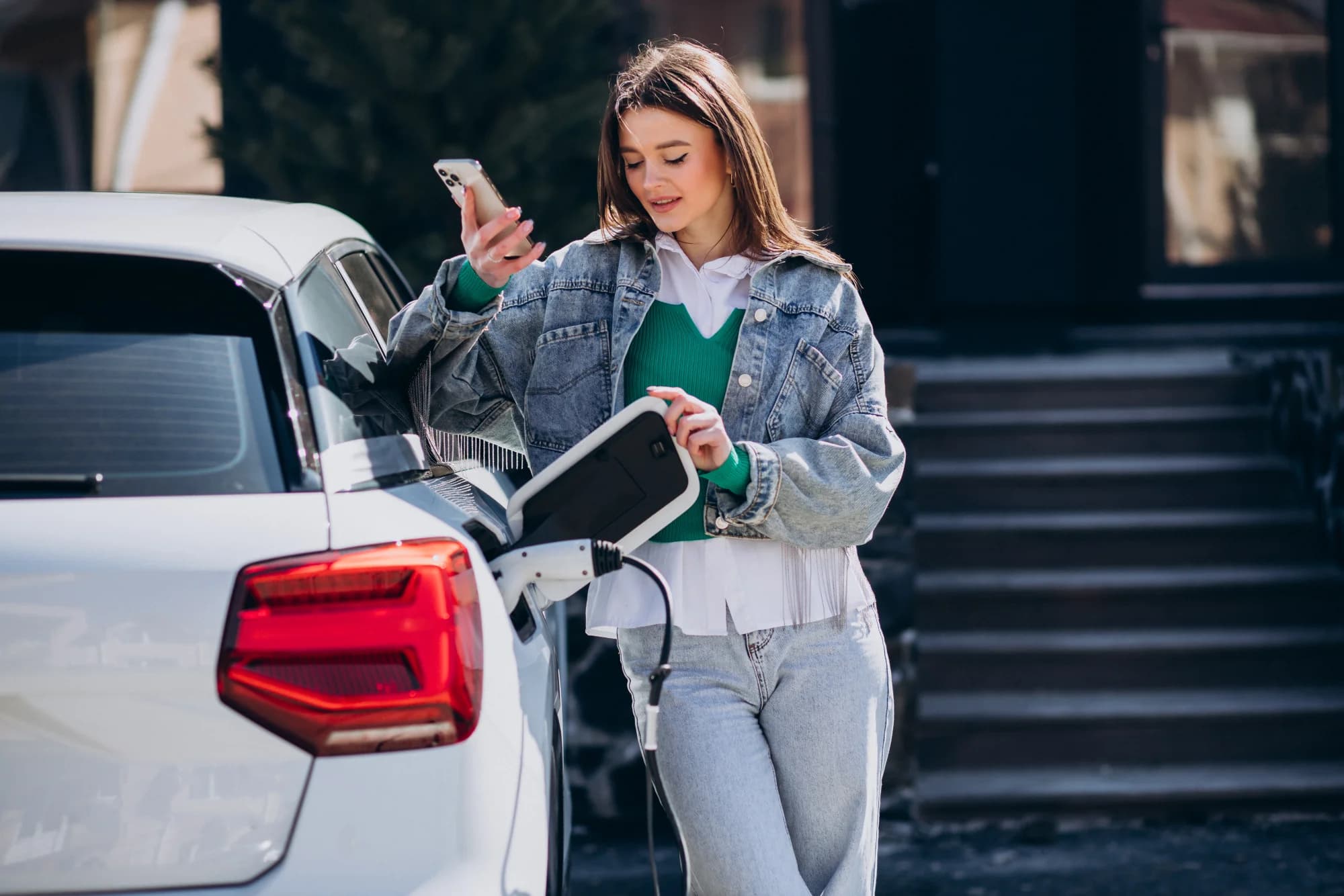Woman standing beside car