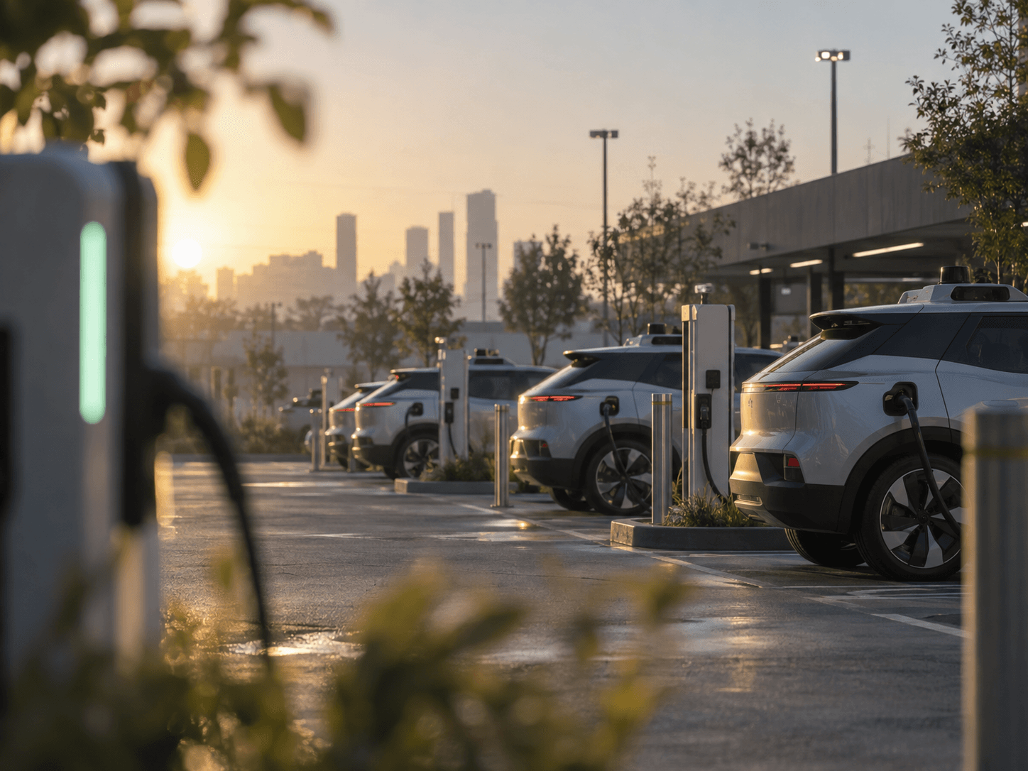 a fleet of electric cars in a parking lot